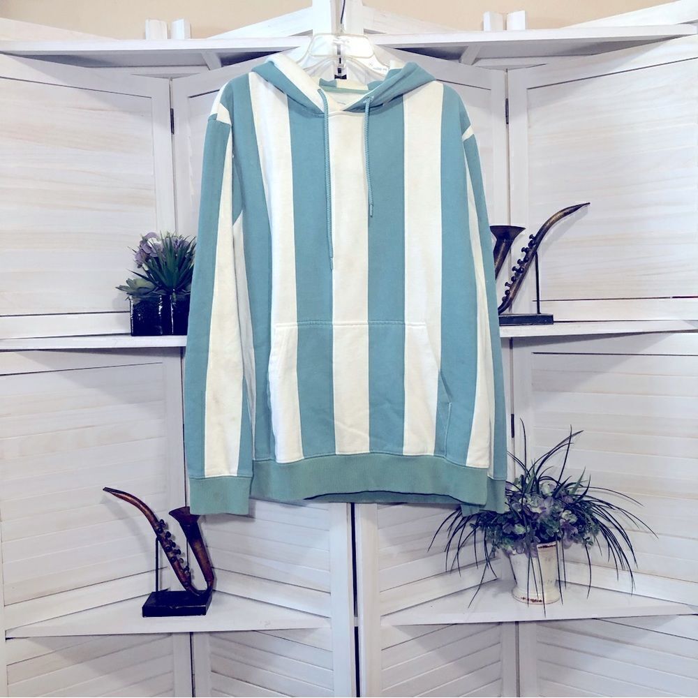 Urban Outfitters Striped Hooded Sweatshirt Blue Cream Medium